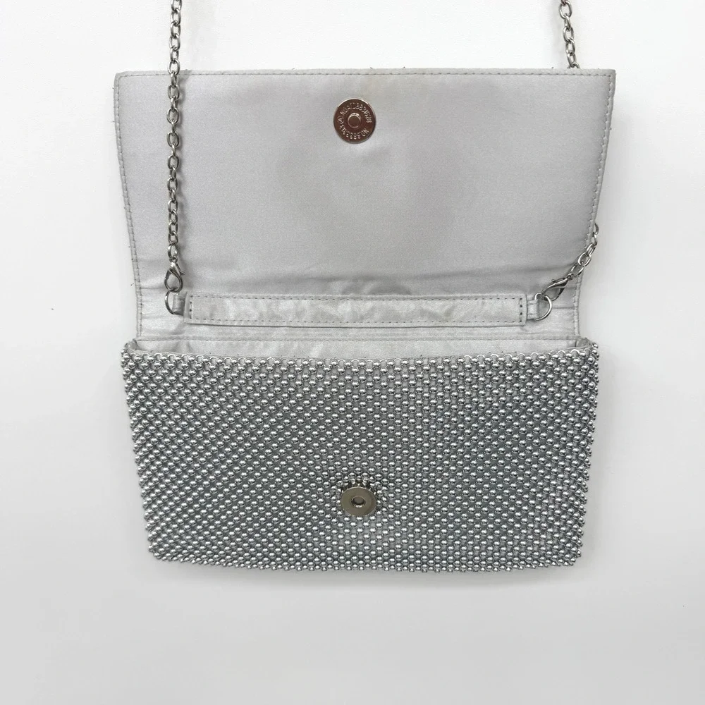 INC International Concepts Silver Beaded Metal Mesh Clutch Crossbody Bag Evening
